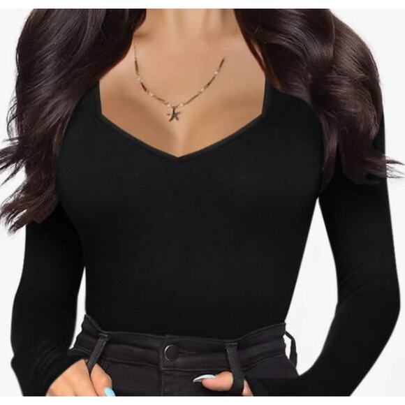 MANGOPOP Sweetheart Neckline Long Sleeve Bodysuit NWT Sz XS Black Lightweight - Picture 7 of 7